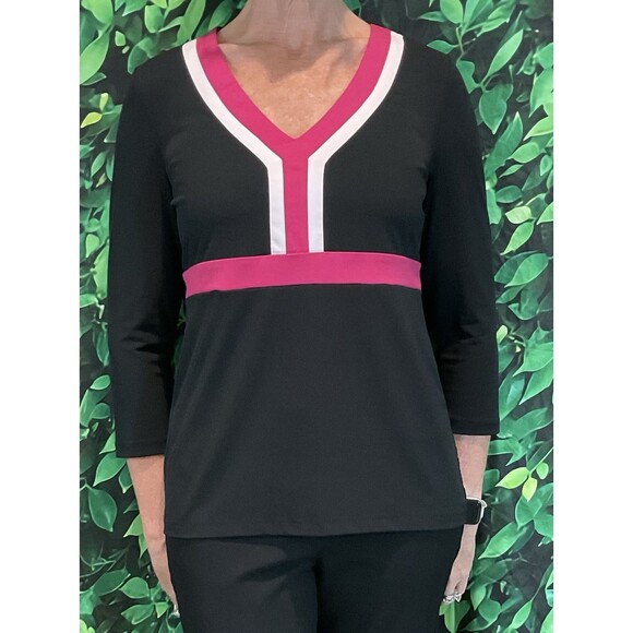 🖤 LOFT Colorblock V-Neck Top – Black White Pink – 3/4 Sleeve – Medium - Picture 1 of 6